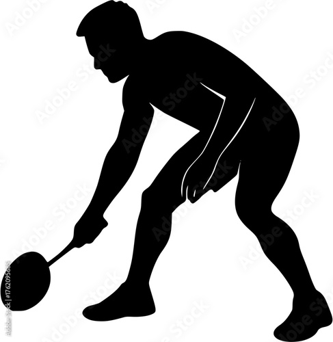 Badminton player low stance silhouette vector showing crouch position for returning shuttlecock during court play.