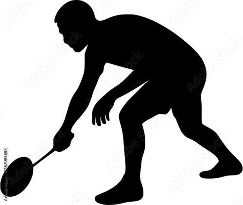 Badminton player leaning forward vector silhouette showing athlete preparing for defensive shot during rally or match.