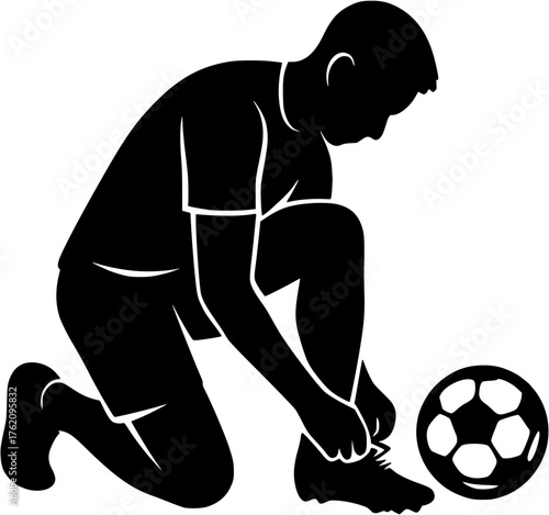 Soccer player tying shoelaces vector illustration showing athlete preparing for match training or practice sports activity.