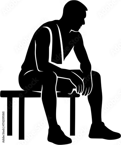 Athlete sitting rest vector silhouette showing sportsman taking break after match or training session with towel around neck.