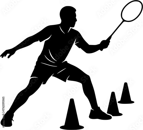 Badminton footwork training vector illustration showing athlete practicing agility drills with cones for movement speed and control.