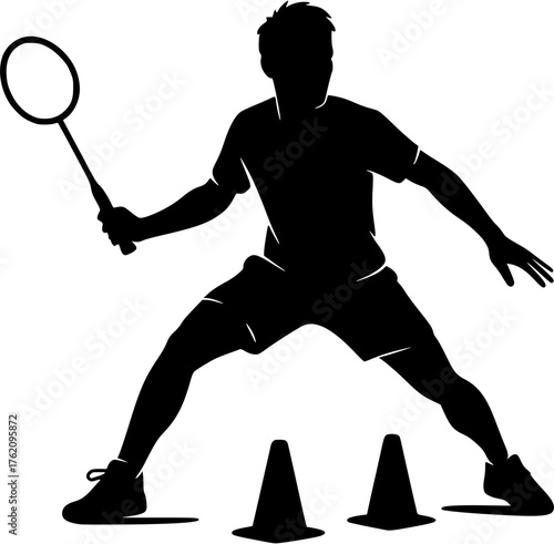 Badminton agility drill vector silhouette showing player practicing quick foot coordination for training exercise and sports development.