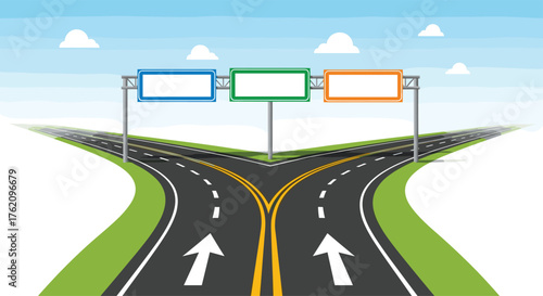 Road signs showing choices and direction, representing decisions, options, and pathways forward with space for text, perfect for marketing concepts
