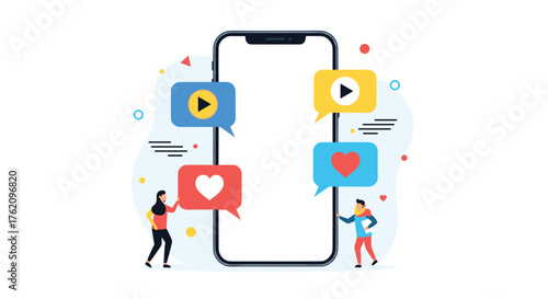 People interacting with social media icons on a modern smartphone, perfect for app designs and marketing campaigns