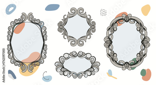 Elegant ornate mirror frames with abstract shapes and soft colors, perfect for design projects, adding artistic flair