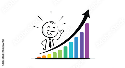 Excited businessman celebrates business growth and success, with rising bar graph, representing financial achievements and positive trends