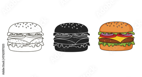 Delicious burger illustration in three styles perfect for menus, food blogs, or fast food restaurant designs needing fresh, appetizing visuals