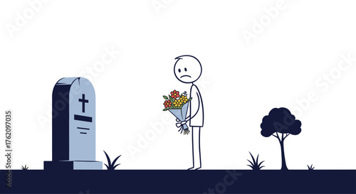 Mourning figure with flowers at a gravesite, expressing grief and loss, representing remembrance and sorrow