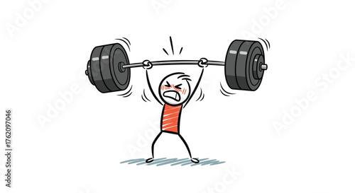 Struggling stick figure lifts heavy barbell, representing effort, challenge, strength, and determination for success