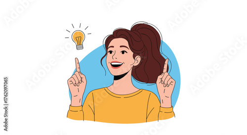 Excited woman with a brilliant idea, pointing upwards with an illuminated lightbulb above her head, creative thinking