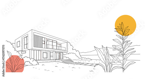 Stunning modern architectural house design sketch with vibrant yellow sun and natural landscape elements for real estate projects