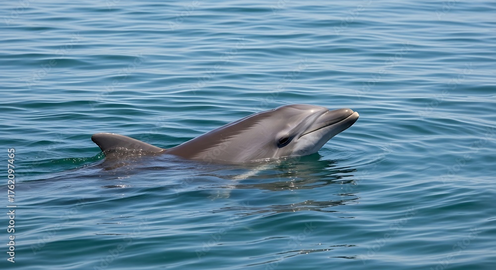 Naklejka premium A close-up shot of a dolphin swimming in the ocean, its sleek body partially submerged in the blue water, catching the sunlight