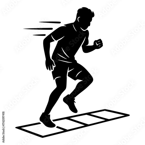 SpeedSmiling Hispanic male baker in apron standing proudly in a bakery with shelves full of fresh bread loa drill Vector icon showing athlete sprinting over agility ladder for sports training practice