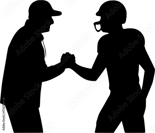 Coach player handshake vector icon showing teamwork and motivation in sports training session