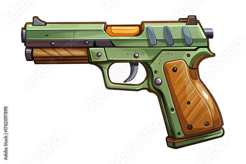 Modern Pistol Vector Olive Green Finish with Wooden Handle Scalable Handgun Illustration