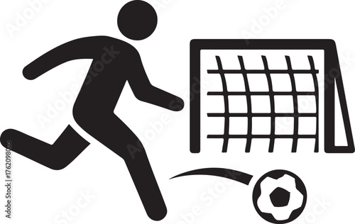 Dynamic soccer player kicking ball towards goal, action silhouette representing sports, competition, and victory