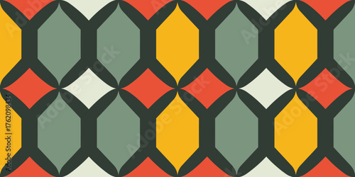 A geometric pattern with interlocking shapes in shades of orange yellow green and off white on dark gray