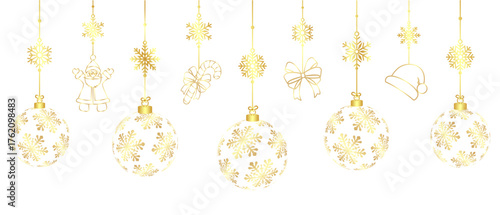 set of golden christmas balls with ornaments