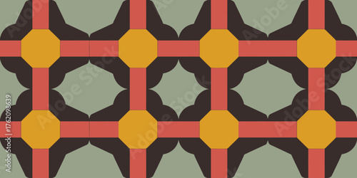 Geometric pattern featuring orange octagons and red lines on a gray and dark brown background