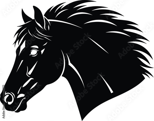 A black horse head with a white background in a vector illustration