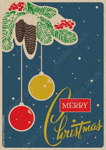 Mid Century Modern Christmas Greeting Card, Atomic Age 1950s - 1960s Postcard, Merry Christmas Illustration, Vintage Colors, Aged Paper Texture