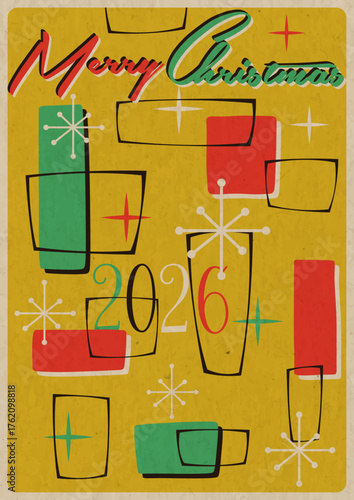 Mid Century Modern Christmas Greeting Card, Atomic Age 1950s - 1960s Postcard, Merry Christmas Illustration, Vintage Colors, Aged Paper Texture