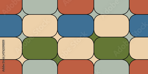 A seamless pattern featuring rounded rectangles in blue, green, beige, red, and gray with dark outlines