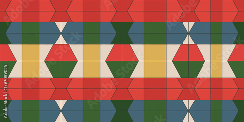 A geometric pattern featuring squares diamonds and trapezoids in red green blue and yellow colors design