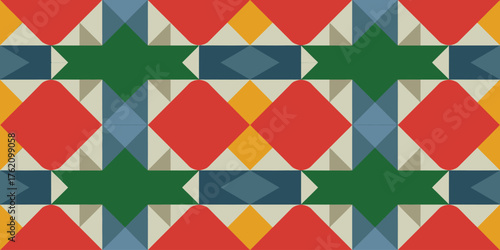 Geometric pattern featuring red diamonds green stars and blue diamonds in a repeating arrangement