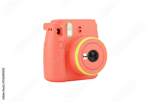Isolated coral camera in studio, vintage look, modern instant photography gadget for hobbies