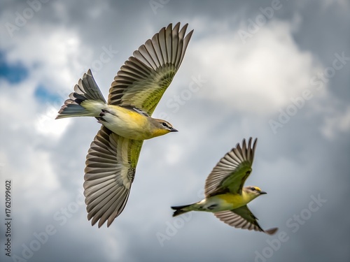 Two Cassin’s Vireos Flying Together in Cloudy Sky