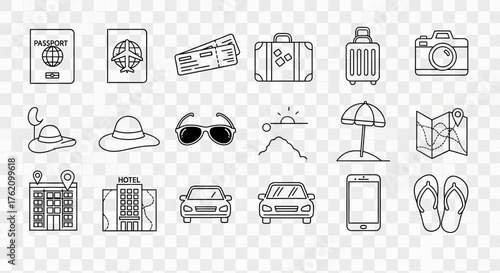 Line art icons depicting travel essentials: passport, tickets, luggage, camera, hat, sunglasses, beach, map, hotel, car, phone, and flip-flops.