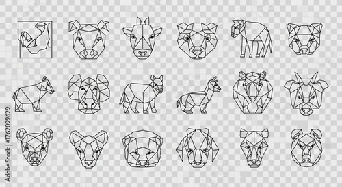 A collection of geometric animal head outlines, including a rhino, pig, cow, sheep, elephant, bear, dog, wolf, and others, arranged in rows.