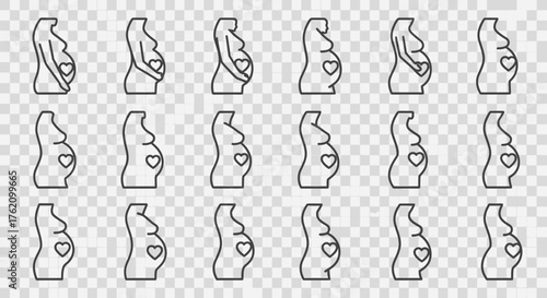 A collection of outline illustrations depicting the stages of pregnancy, showing the changing shape of a woman's body with a heart on the stomach.