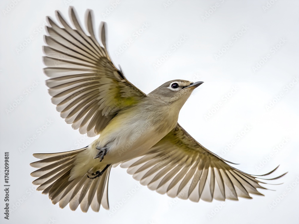 Obraz premium Cassin’s Vireo Flying with Wings Spread on White
