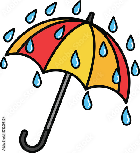 Colorful umbrella with raindrops falling around it on a white background