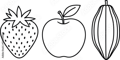 Illustration of a strawberry apple and cocoa bean in black and white