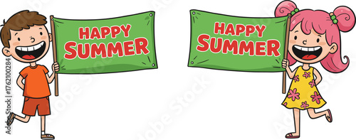 Happy summer kids illustration, cartoon children with flags, joyful seasonal celebration, playful summer scene, cheerful holiday art, bright colors, fun