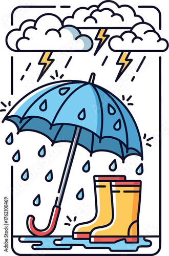 Rainy day scene with umbrella rain boots clouds and lightning in a cute style
