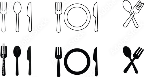 Set of fork spoon knife and plate icons tableware and dining symbol collection