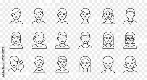 A collection of minimalist line art icons depicting various human faces and headshots with different hairstyles and expressions.