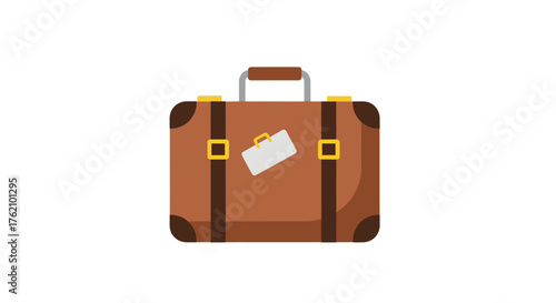 A brown suitcase with straps and a luggage tag, isolated on a white background.