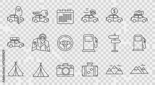 Line art icons depicting travel elements including car rental, calendar, gas station, luggage, tent, camera, and mountains.