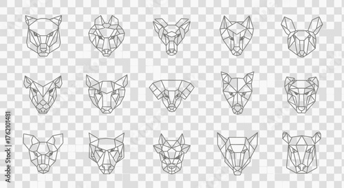 Geometric line art illustration of various animal heads, including fox, wolf, bear, and other wildlife, arranged in a grid pattern.