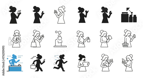 A collection of vector icons depicting women in various actions, including shopping, running, using phones, and interacting with products.