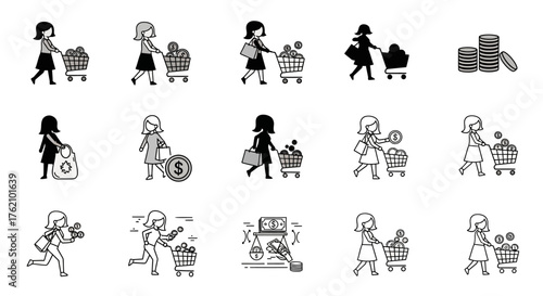 A collection of line art illustrations depicting women shopping with shopping carts, carrying bags, and interacting with money.