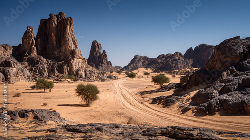 Fototapeta Naklejka Na Ścianę i Meble -  Desert landscape, sand dunes and rocky mountains sunset. Dramatic view sahara. Red Mars like landscape. beautiful rock formations. Orange red sand desert, rocky formations and mountains background.