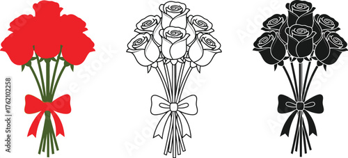 Three rose bouquets in color line art and silhouette illustrations