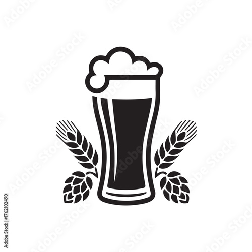 Vector art of black and white icon of a beer glass with hops and barley