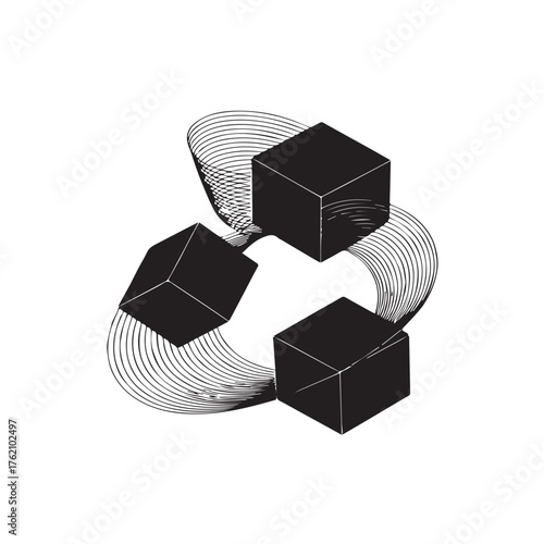 Vector art of three black cubes arranged in a dynamic, abstract composition with swirling lines